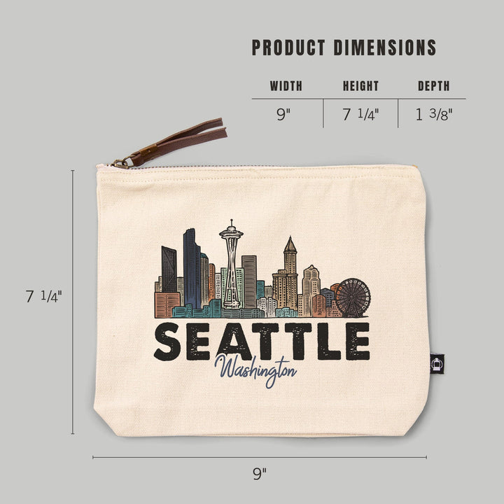 Seattle, Washington, Skyline, Icon,, Organic Cotton Zipper Pouch, Go Bag Go Bag Lantern Press 
