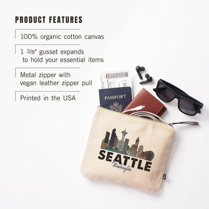 Seattle, Washington, Skyline, Icon,, Organic Cotton Zipper Pouch, Go Bag Go Bag Lantern Press 