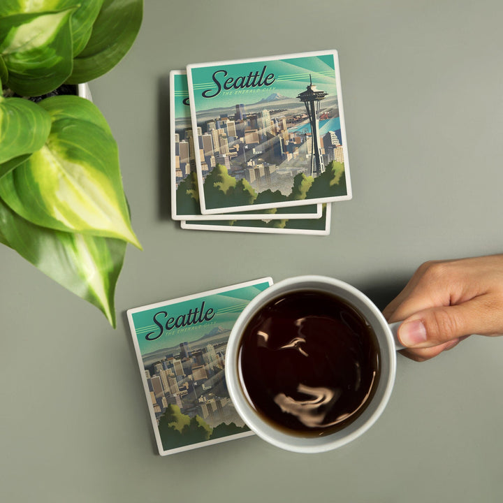 Seattle, Washington, Skyline, Lithograph, Coasters Coasters Lantern Press 