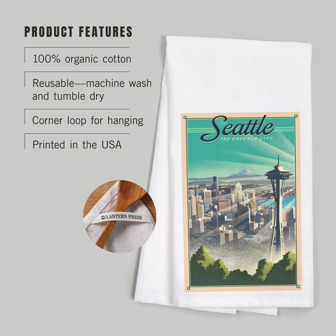 Seattle, Washington, Skyline, Lithograph, Organic Cotton Kitchen Tea Towels Kitchen Lantern Press 