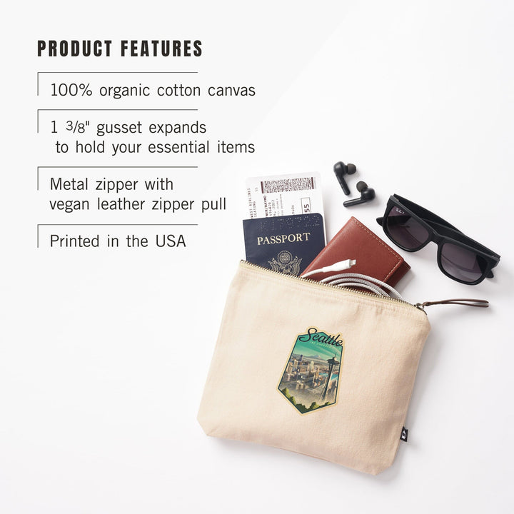 Seattle, Washington, Skyline, Lithograph,, Organic Cotton Zipper Pouch, Go Bag Go Bag Lantern Press 
