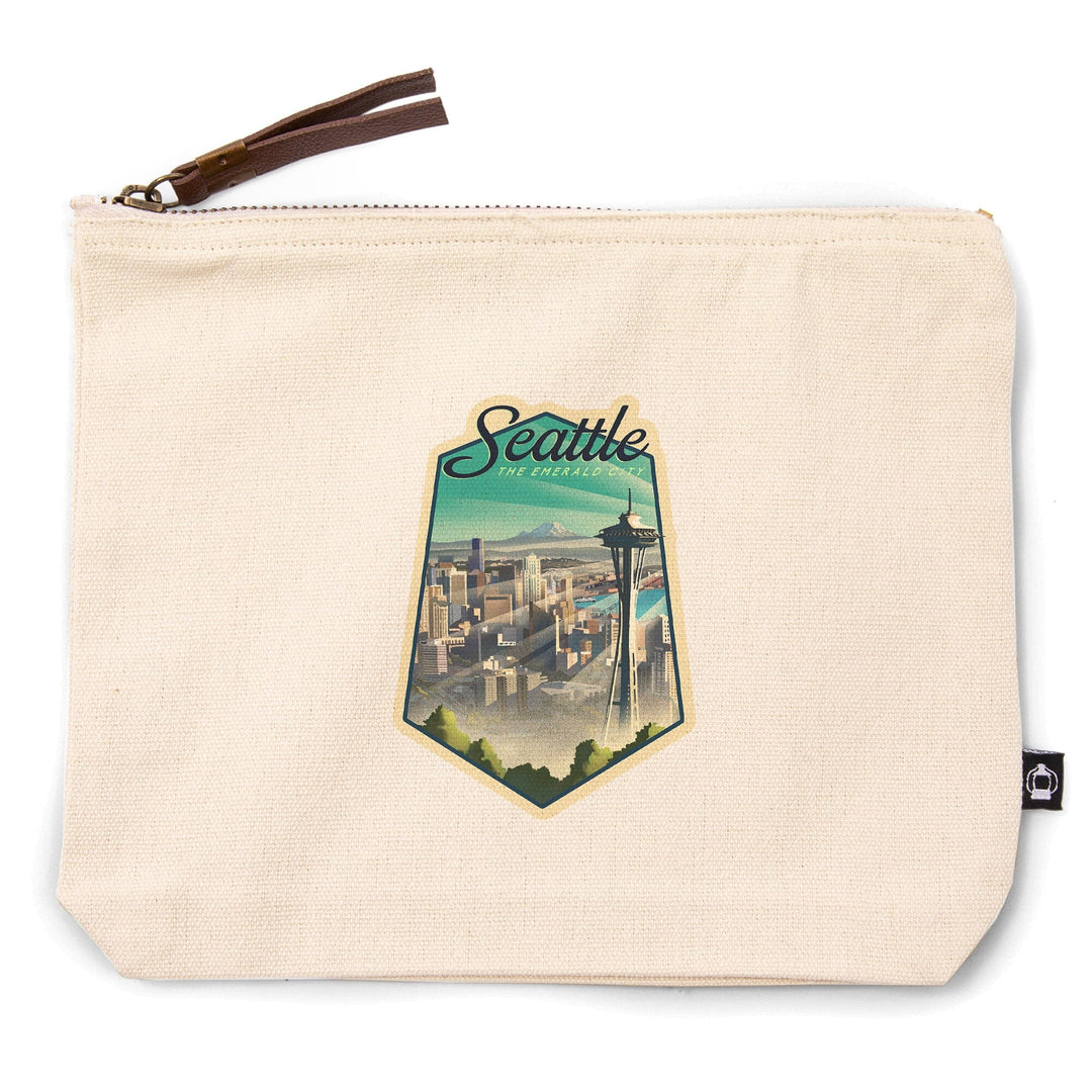 Seattle, Washington, Skyline, Lithograph,, Organic Cotton Zipper Pouch, Go Bag Go Bag Lantern Press 