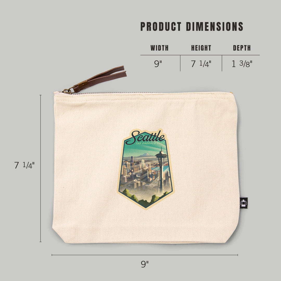 Seattle, Washington, Skyline, Lithograph,, Organic Cotton Zipper Pouch, Go Bag Go Bag Lantern Press 