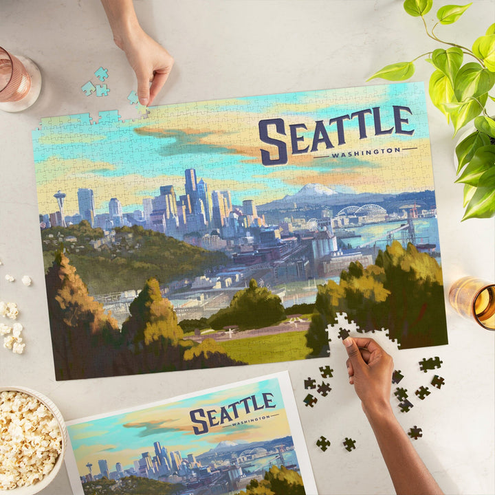 Seattle, Washington, Skyline, Oil Painting, Jigsaw Puzzle Puzzle Lantern Press 