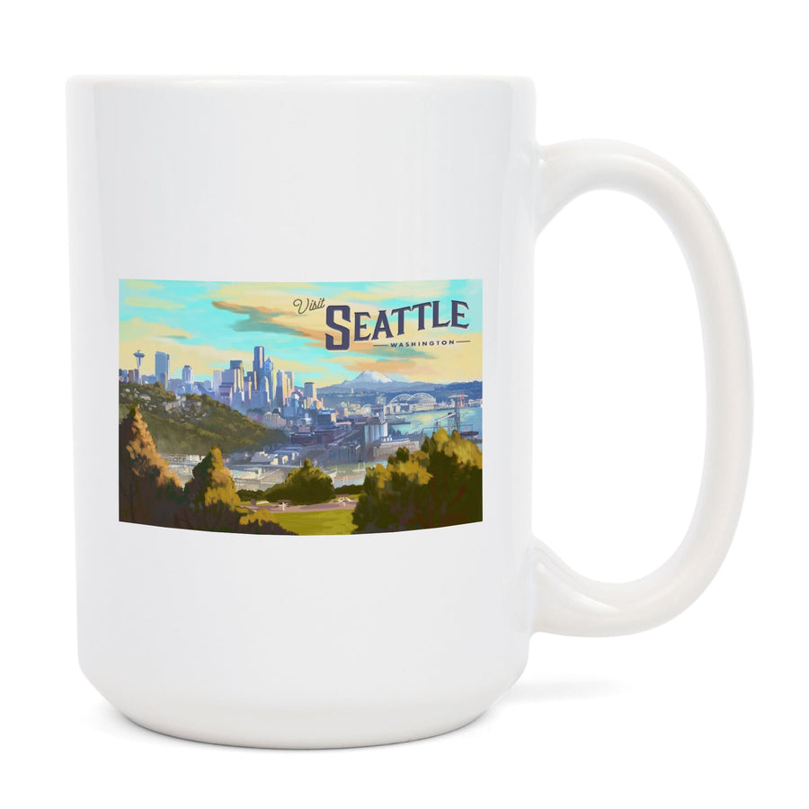 Seattle, Washington, Skyline, Oil Painting, Lantern Press Artwork, Ceramic Mug Mugs Lantern Press 
