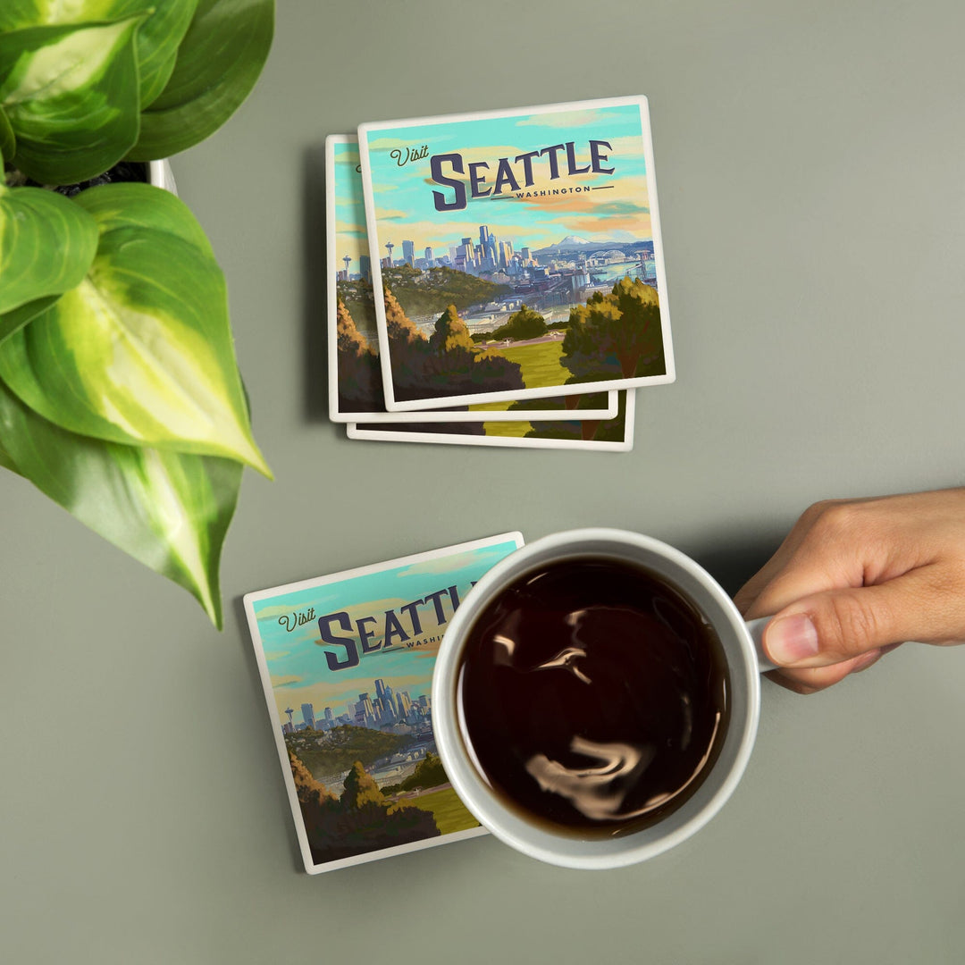 Seattle, Washington, Skyline, Oil Painting, Lantern Press Artwork, Coaster Set Coasters Lantern Press 