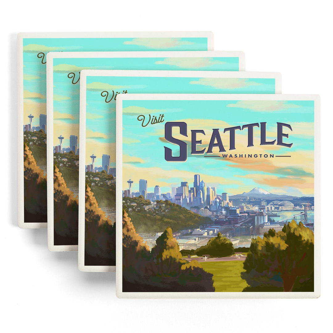 Seattle, Washington, Skyline, Oil Painting, Lantern Press Artwork, Coaster Set Coasters Lantern Press 