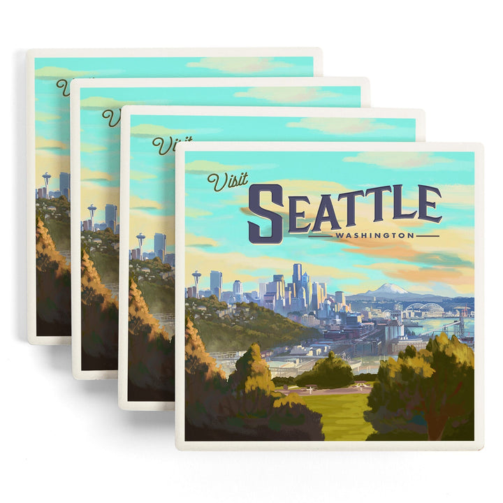 Seattle, Washington, Skyline, Oil Painting, Lantern Press Artwork, Coaster Set Coasters Lantern Press 