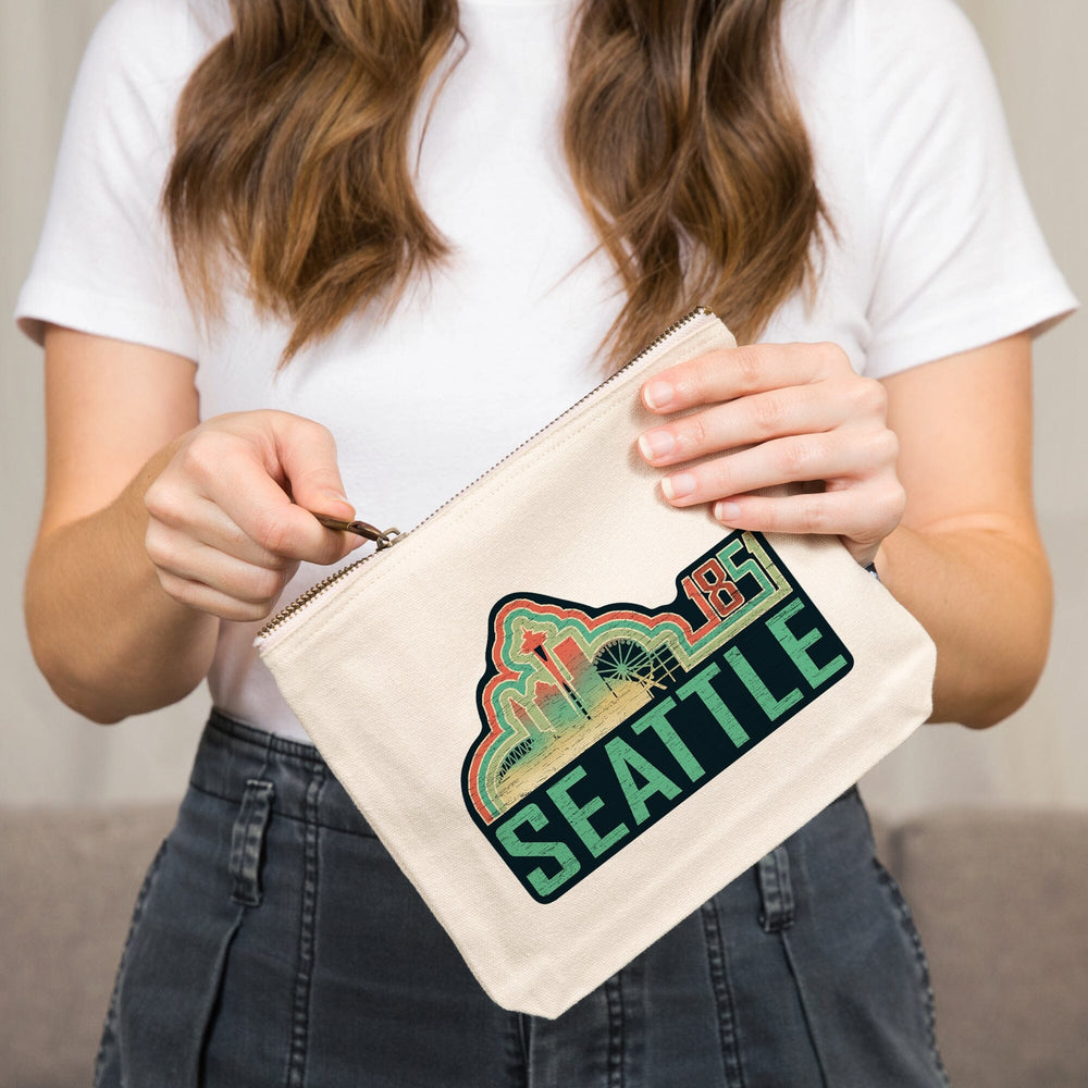 Seattle, Washington, Skyline, Retro,, Organic Cotton Zipper Pouch, Go Bag Go Bag Lantern Press 