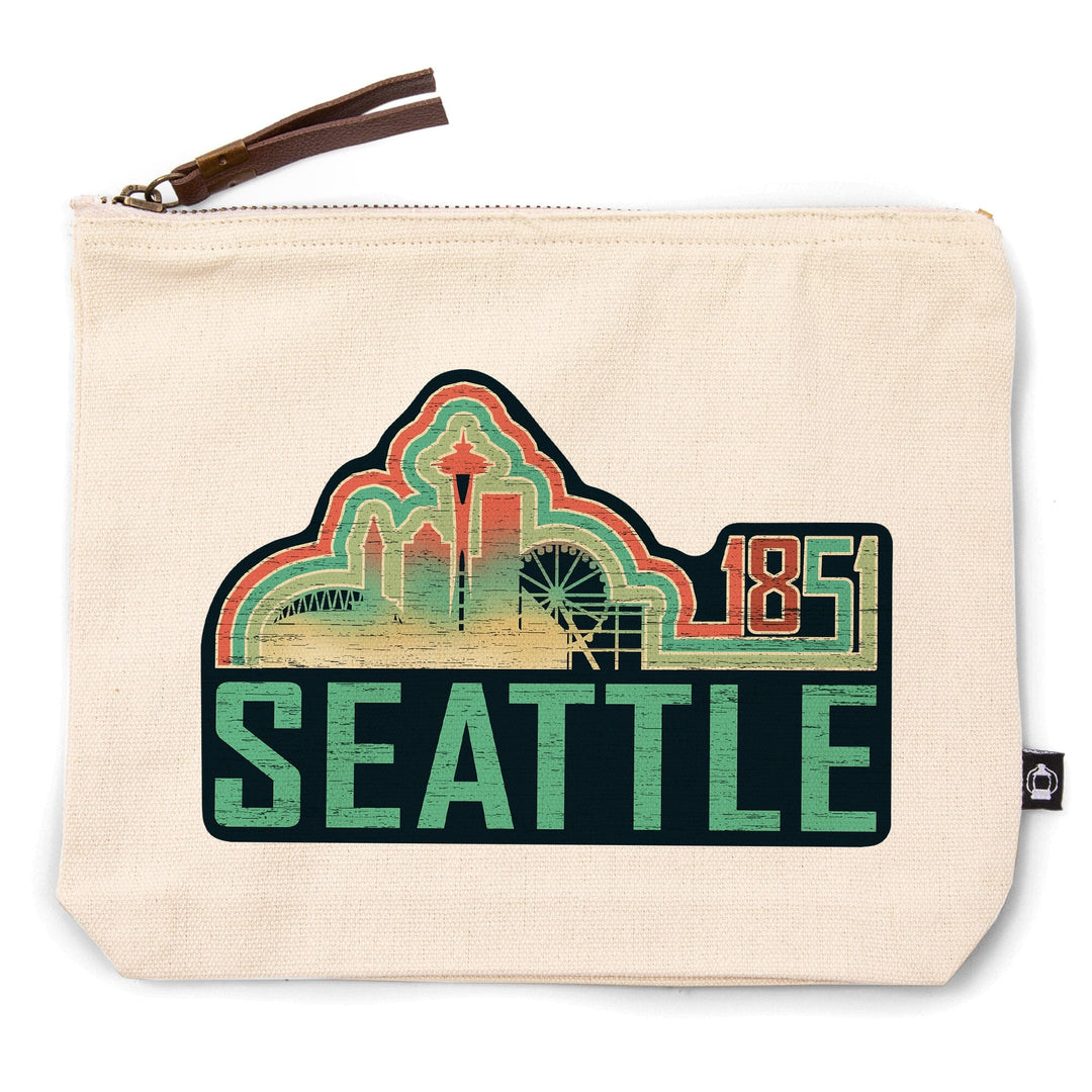 Seattle, Washington, Skyline, Retro,, Organic Cotton Zipper Pouch, Go Bag Go Bag Lantern Press 