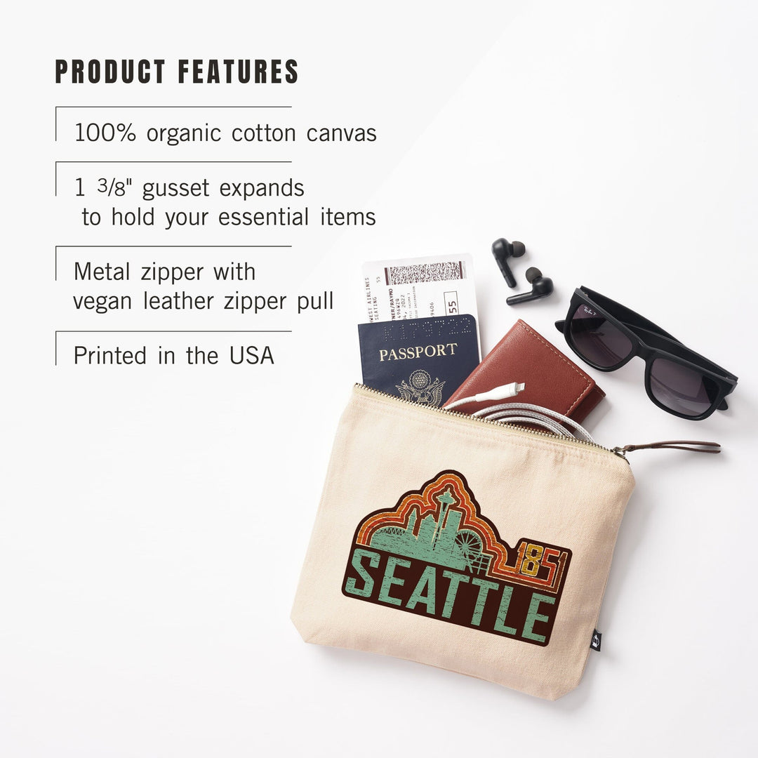 Seattle, Washington, Skyline, Retro,, Organic Cotton Zipper Pouch, Go Bag Go Bag Lantern Press 