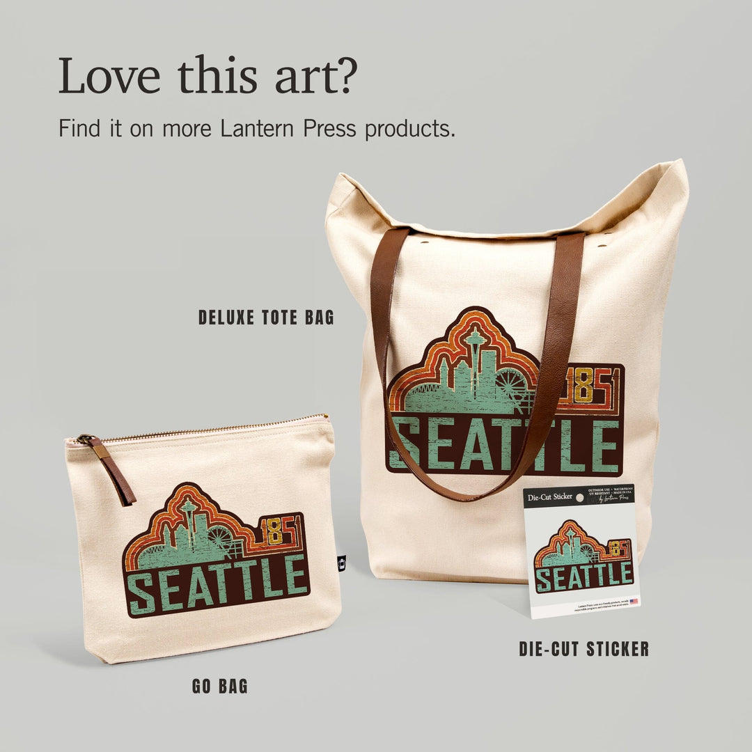 Seattle, Washington, Skyline, Retro,, Organic Cotton Zipper Pouch, Go Bag Go Bag Lantern Press 