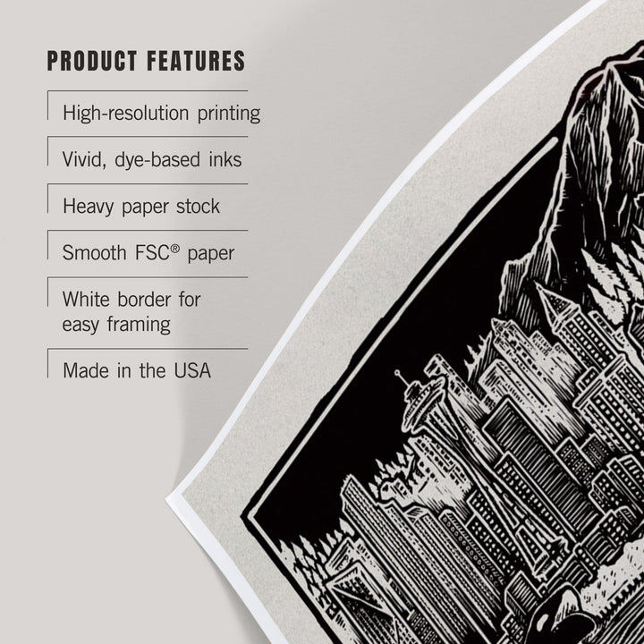 Seattle, Washington, Skyline, Scratchboard, Black and White, Art & Giclee Prints Art Lantern Press 