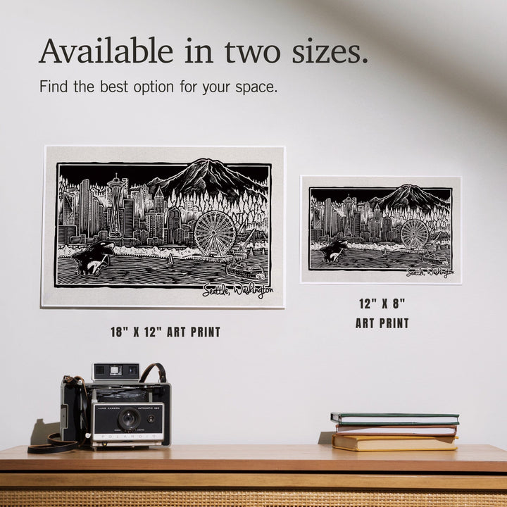 Seattle, Washington, Skyline, Scratchboard, Black and White, Art & Giclee Prints Art Lantern Press 