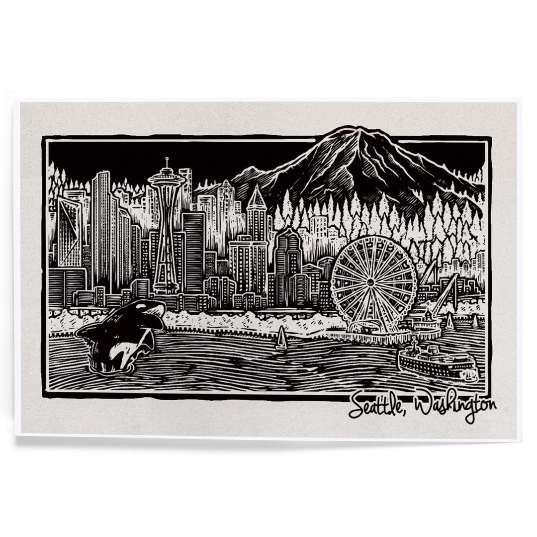 Seattle, Washington, Skyline, Scratchboard, Black and White, Art & Giclee Prints Art Lantern Press 8 x 12 Art Print 