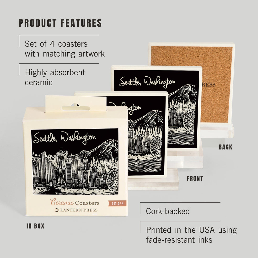 Seattle, Washington, Skyline, Scratchboard, Black and White, Coasters Coasters Lantern Press 
