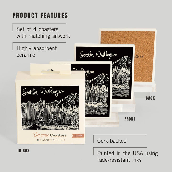 Seattle, Washington, Skyline, Scratchboard, Black and White, Coasters Coasters Lantern Press 