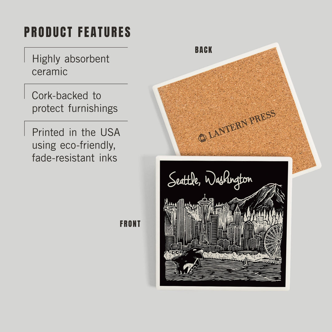 Seattle, Washington, Skyline, Scratchboard, Black and White, Coasters Coasters Lantern Press 