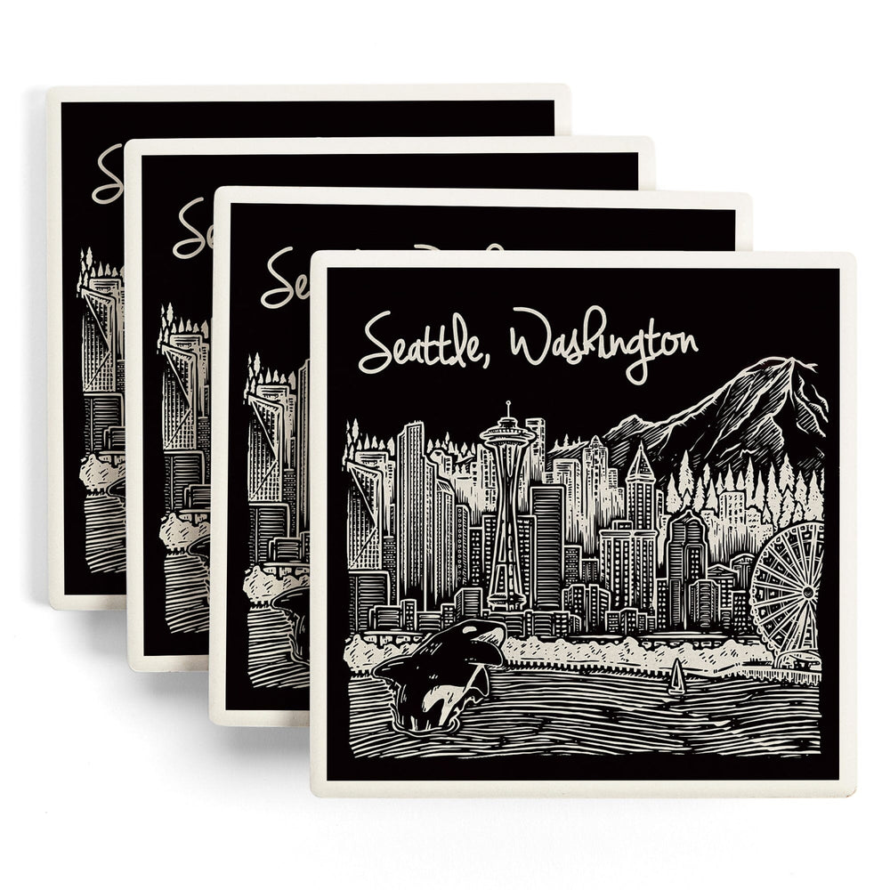Seattle, Washington, Skyline, Scratchboard, Black and White, Coasters Coasters Lantern Press 