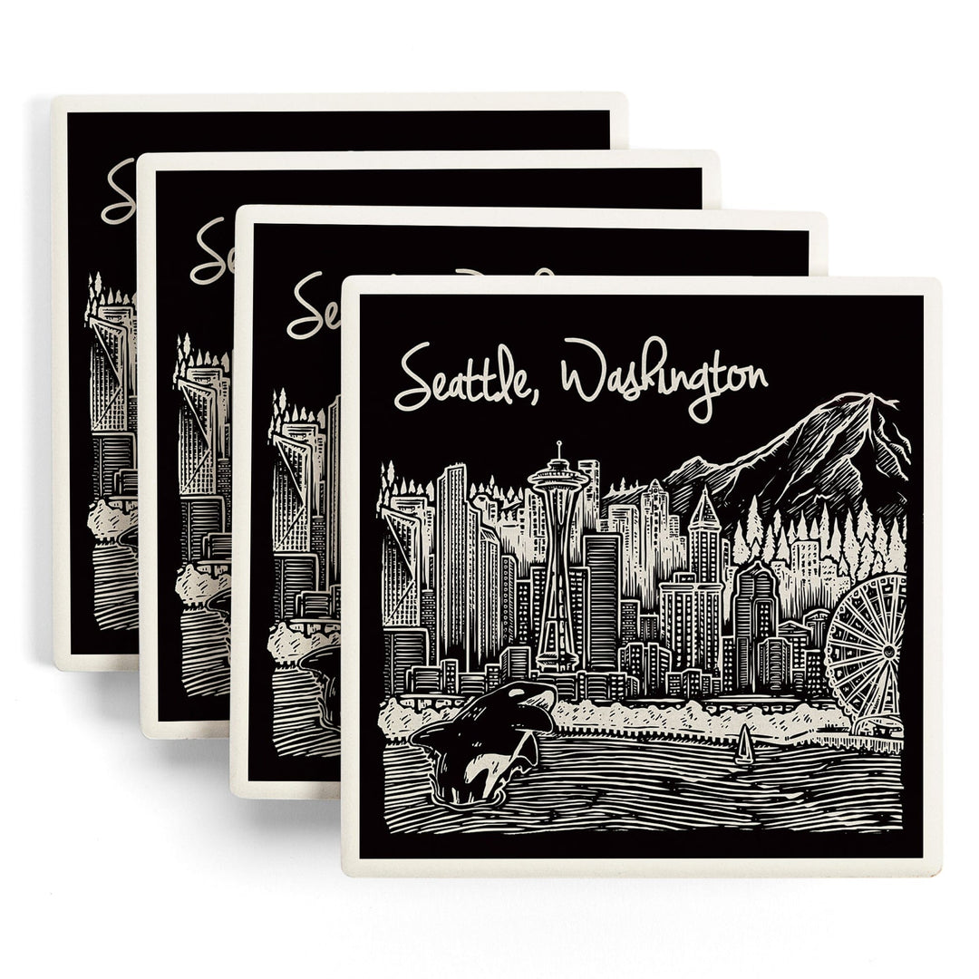 Seattle, Washington, Skyline, Scratchboard, Black and White, Coasters Coasters Lantern Press 