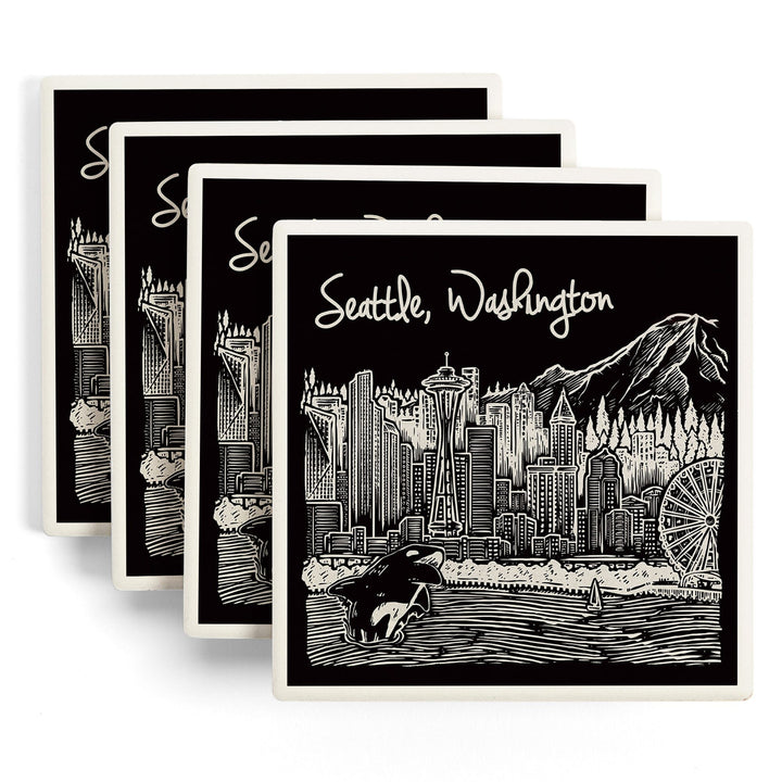 Seattle, Washington, Skyline, Scratchboard, Black and White, Coasters Coasters Lantern Press 