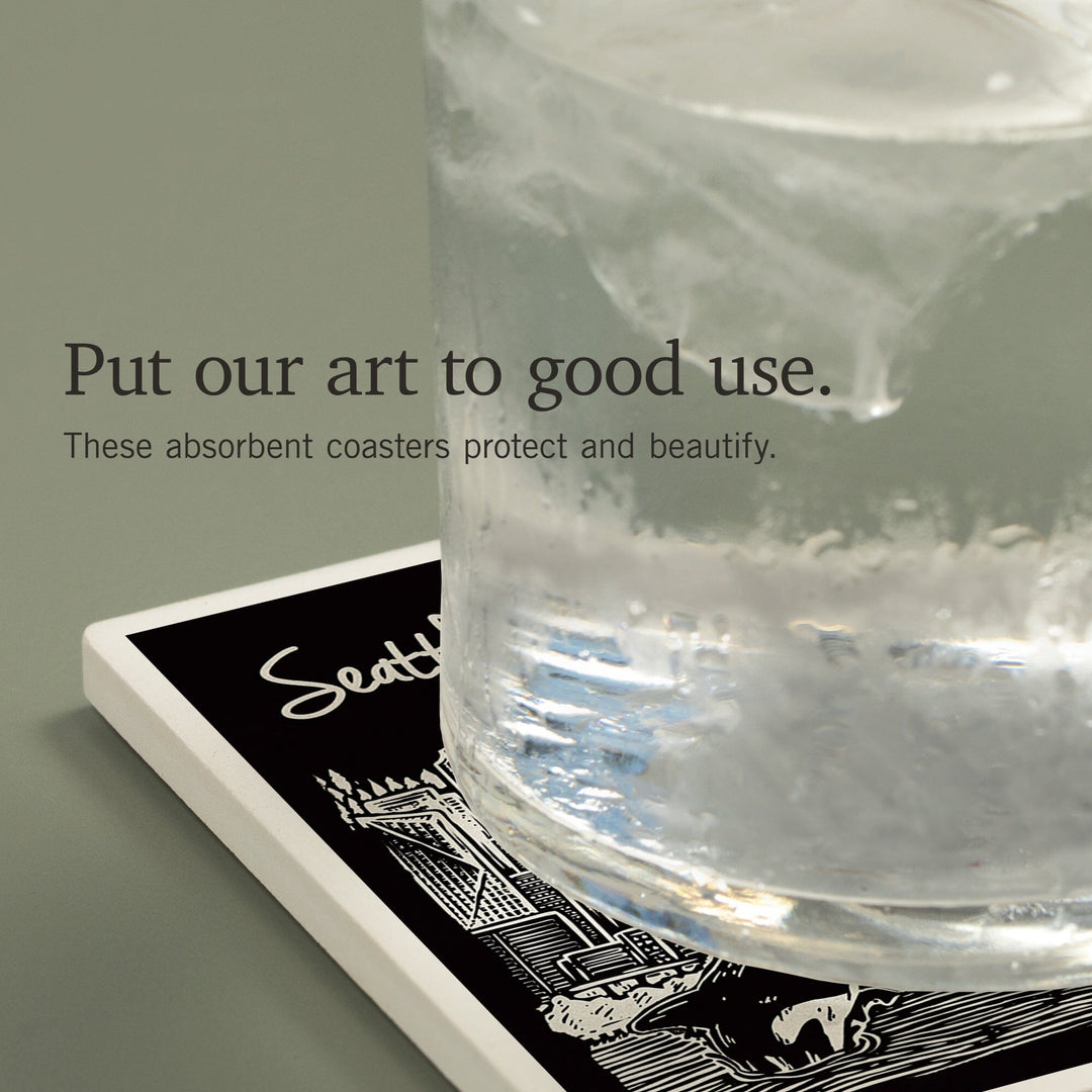 Seattle, Washington, Skyline, Scratchboard, Black and White, Coasters Coasters Lantern Press 