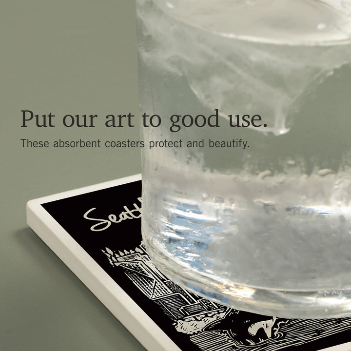 Seattle, Washington, Skyline, Scratchboard, Black and White, Coasters Coasters Lantern Press 