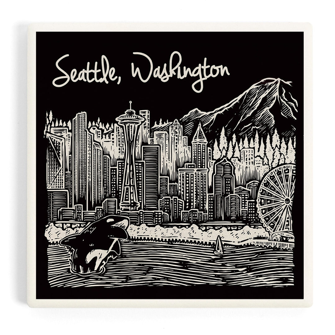 Seattle, Washington, Skyline, Scratchboard, Black and White, Coasters Coasters Lantern Press 