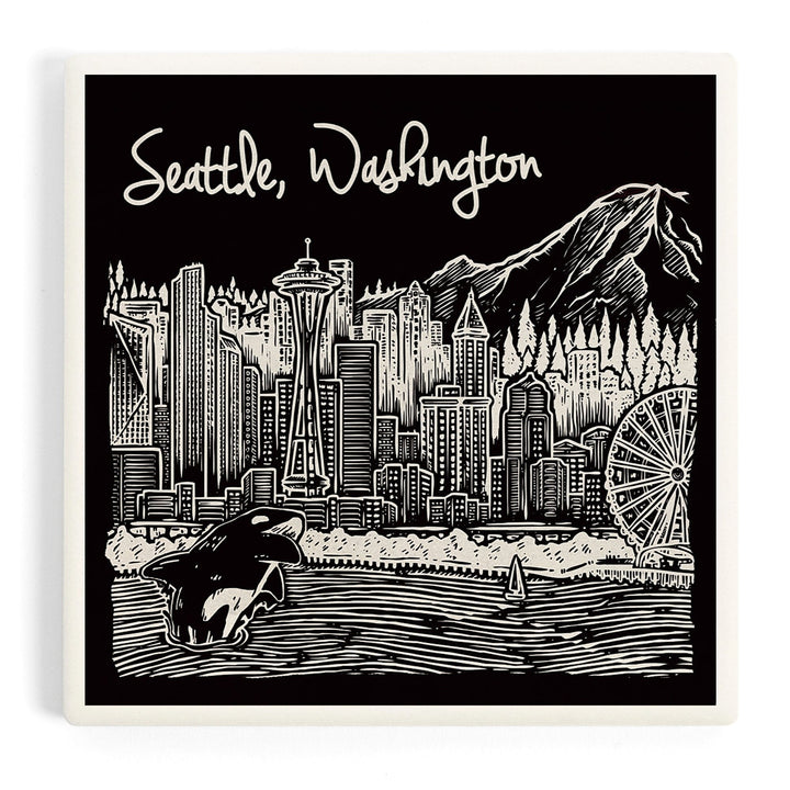 Seattle, Washington, Skyline, Scratchboard, Black and White, Coasters Coasters Lantern Press 