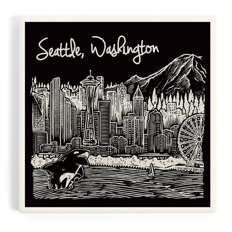 Seattle, Washington, Skyline, Scratchboard, Black and White, Coasters Coasters Lantern Press 