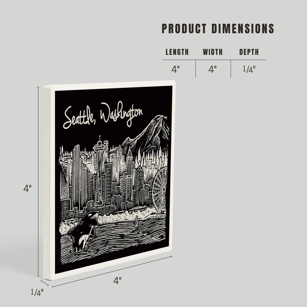 Seattle, Washington, Skyline, Scratchboard, Black and White, Coasters Coasters Lantern Press 