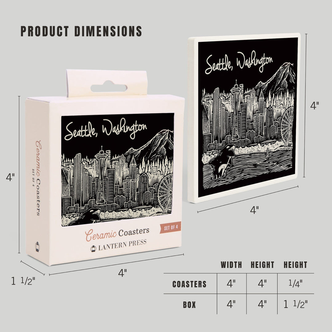 Seattle, Washington, Skyline, Scratchboard, Black and White, Coasters Coasters Lantern Press 