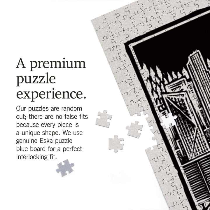 Seattle, Washington, Skyline, Scratchboard, Black and White, Jigsaw Puzzle Puzzle Lantern Press 