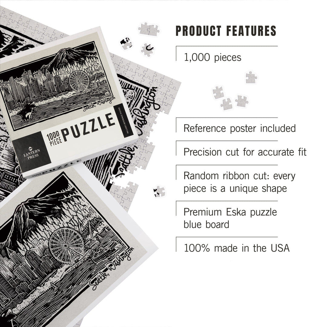 Seattle, Washington, Skyline, Scratchboard, Black and White, Jigsaw Puzzle Puzzle Lantern Press 