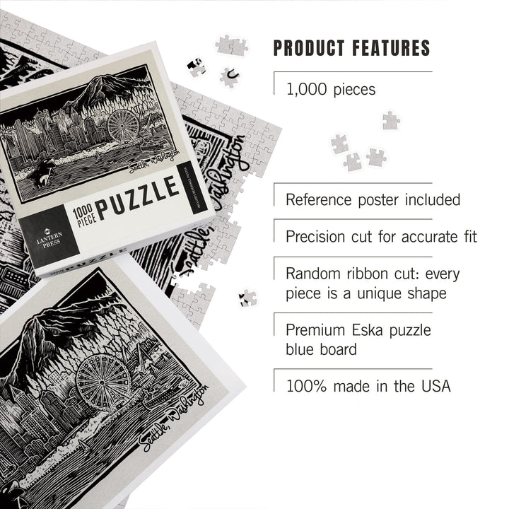 Seattle, Washington, Skyline, Scratchboard, Black and White, Jigsaw Puzzle Puzzle Lantern Press 