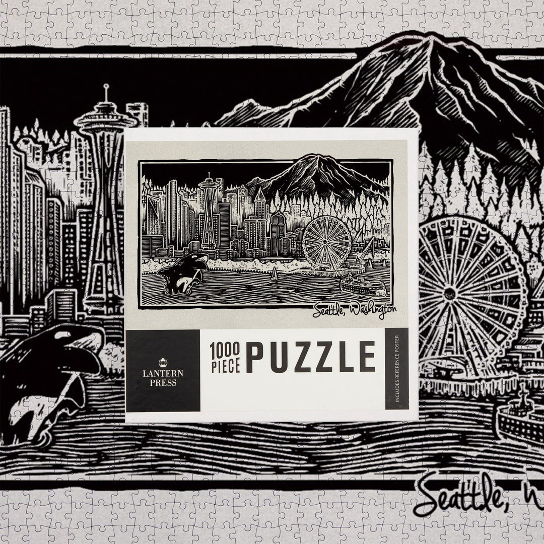 Seattle, Washington, Skyline, Scratchboard, Black and White, Jigsaw Puzzle Puzzle Lantern Press 