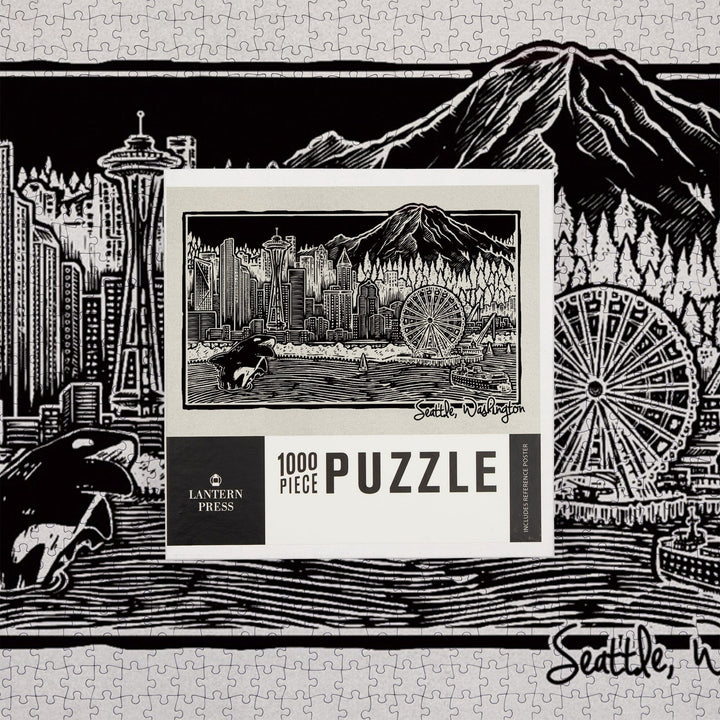 Seattle, Washington, Skyline, Scratchboard, Black and White, Jigsaw Puzzle Puzzle Lantern Press 