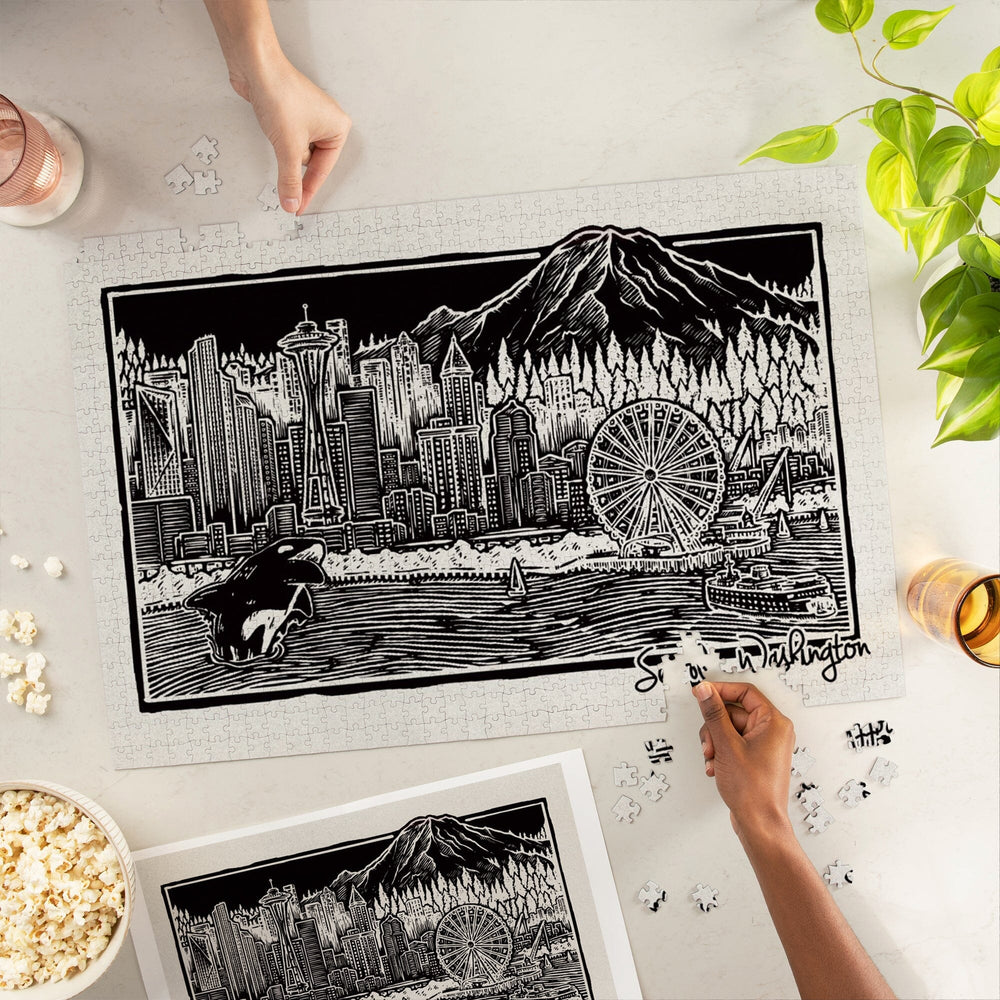 Seattle, Washington, Skyline, Scratchboard, Black and White, Jigsaw Puzzle Puzzle Lantern Press 