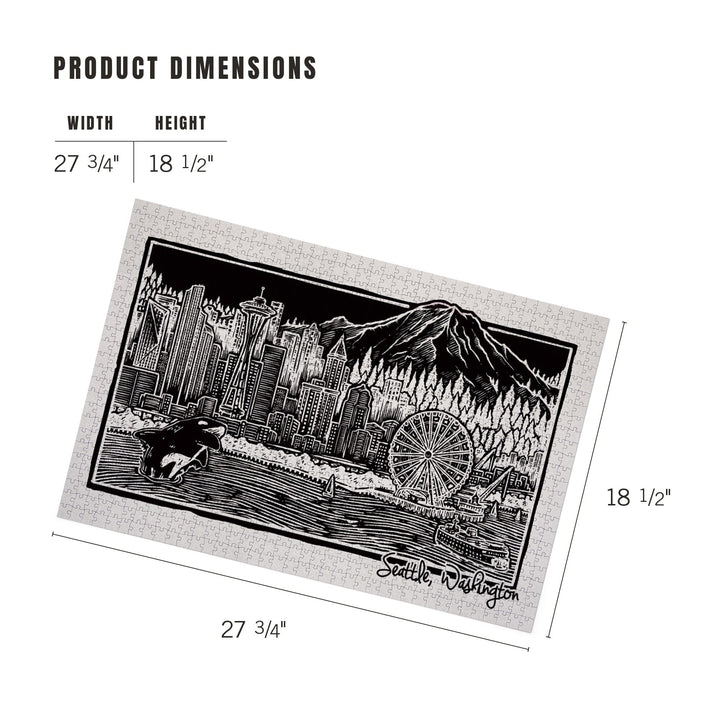 Seattle, Washington, Skyline, Scratchboard, Black and White, Jigsaw Puzzle Puzzle Lantern Press 