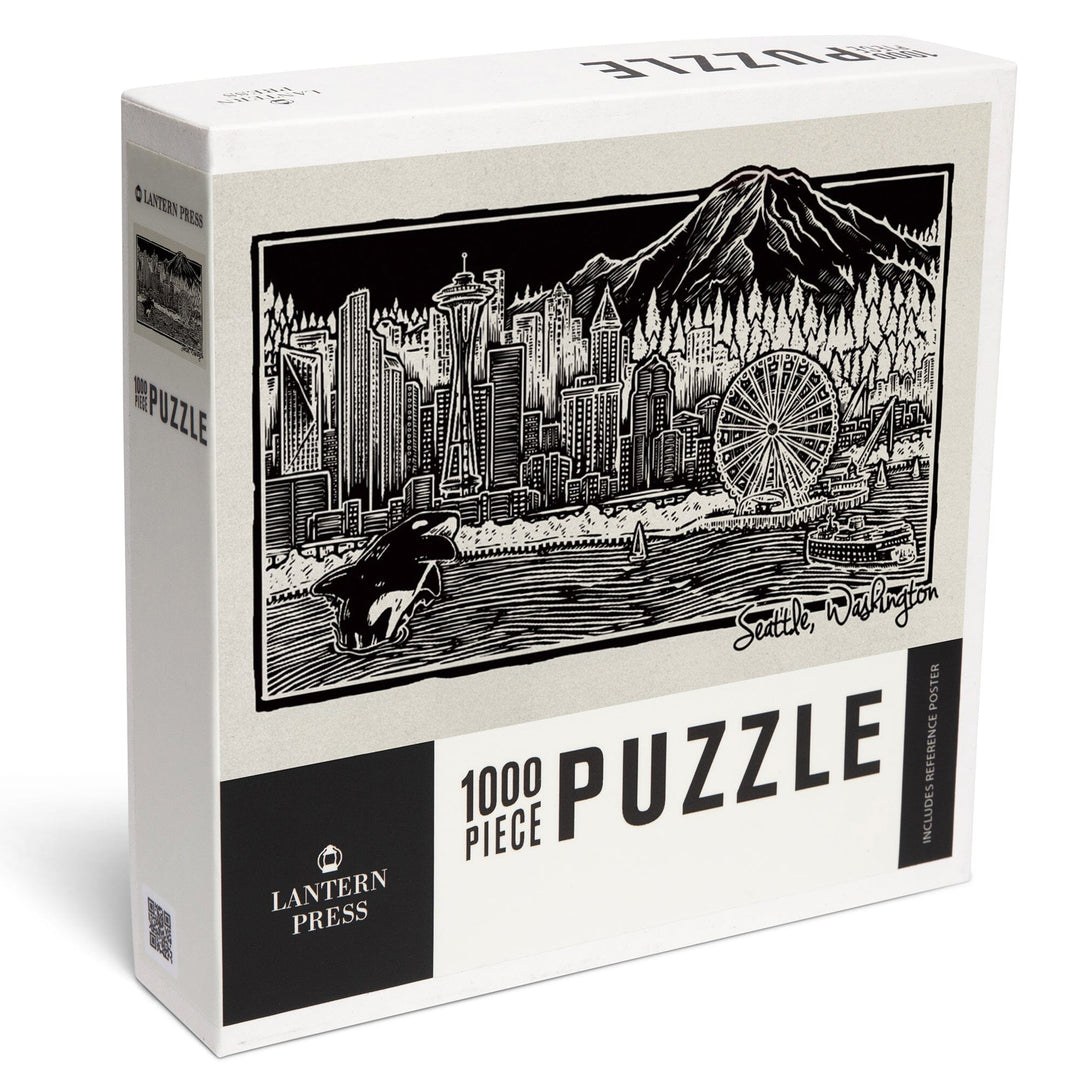 Seattle, Washington, Skyline, Scratchboard, Black and White, Jigsaw Puzzle Puzzle Lantern Press 