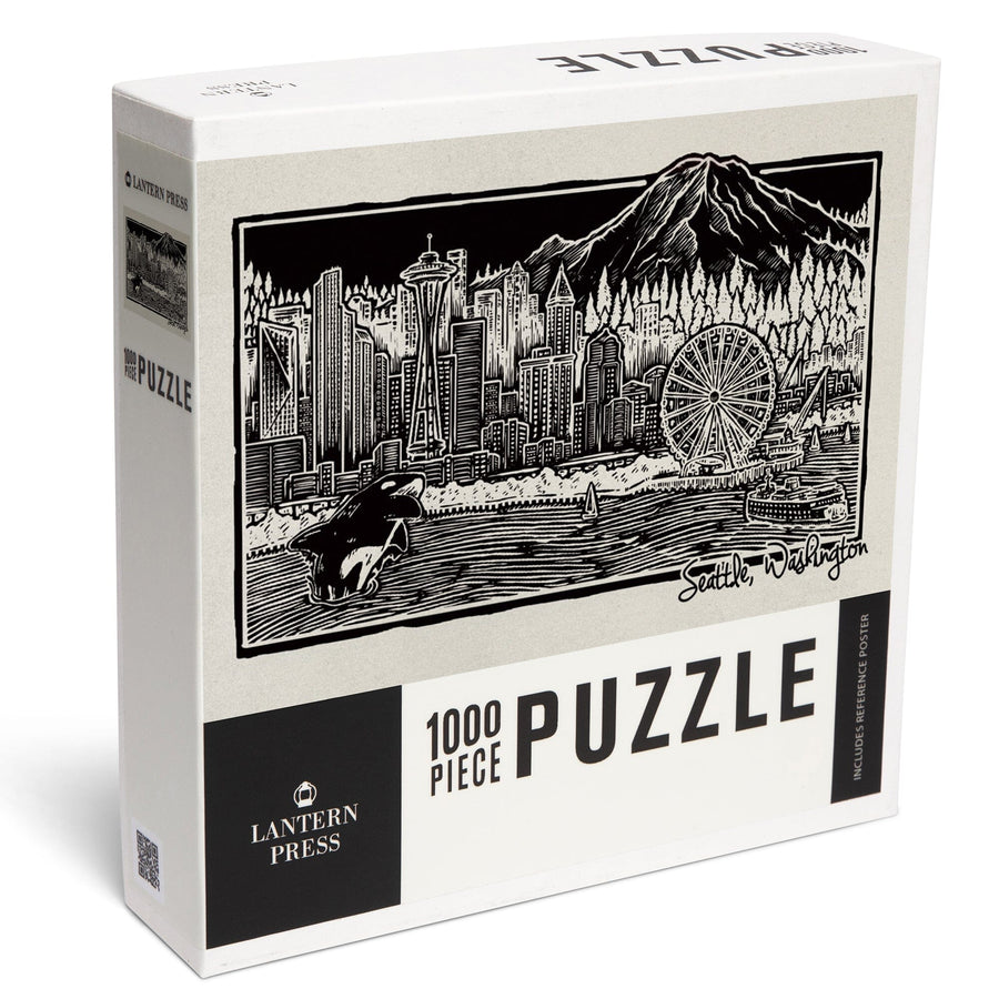 Seattle, Washington, Skyline, Scratchboard, Black and White, Jigsaw Puzzle Puzzle Lantern Press 