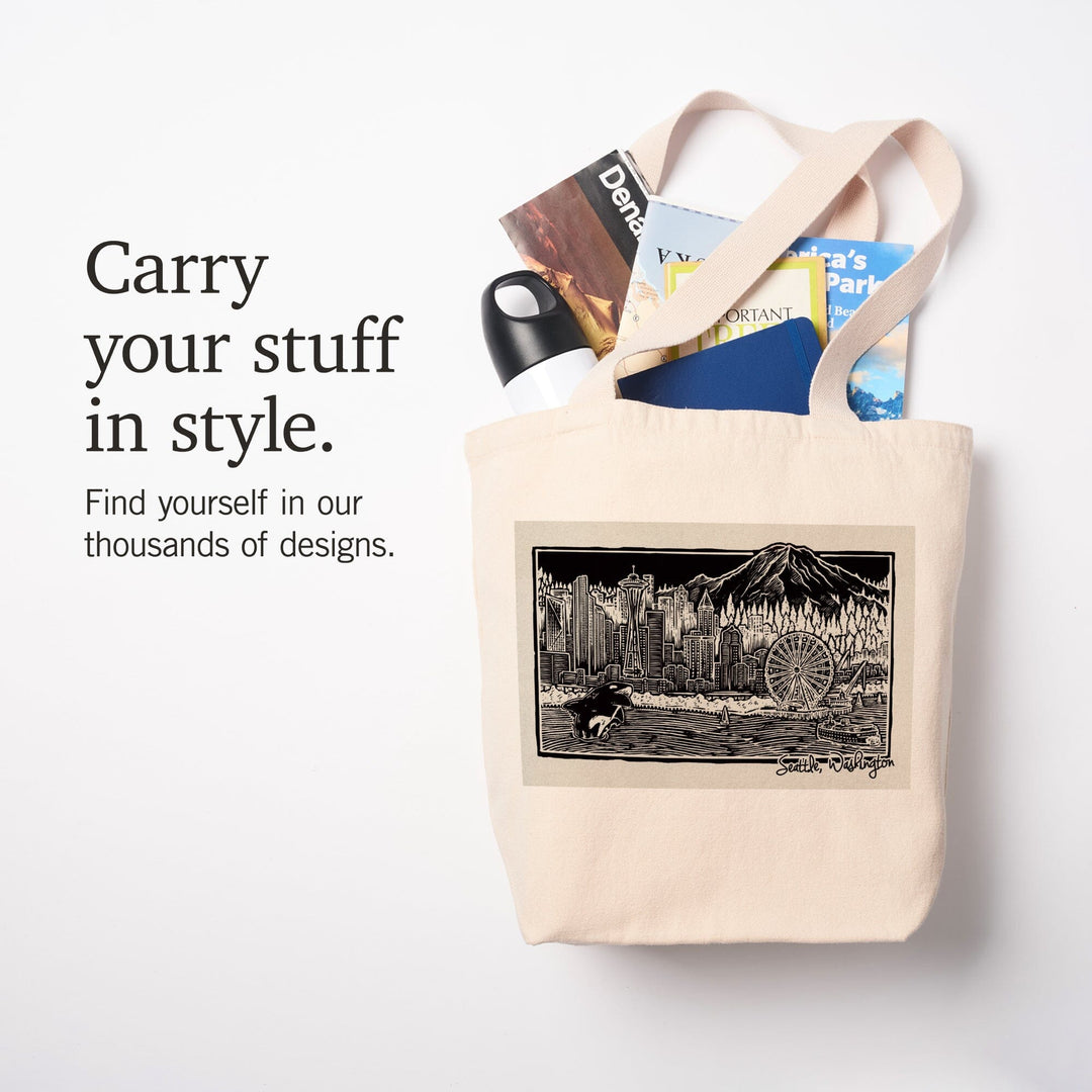 Seattle, Washington, Skyline, Scratchboard, Black and White, Tote Bag Totes Lantern Press 