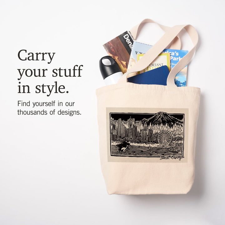 Seattle, Washington, Skyline, Scratchboard, Black and White, Tote Bag Totes Lantern Press 