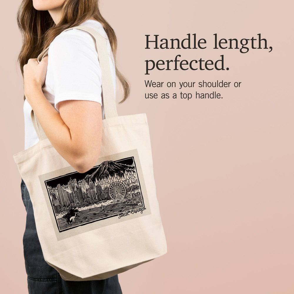 Seattle, Washington, Skyline, Scratchboard, Black and White, Tote Bag Totes Lantern Press 