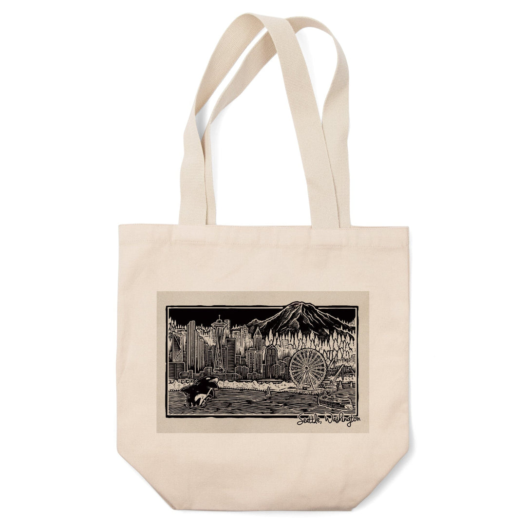 Seattle, Washington, Skyline, Scratchboard, Black and White, Tote Bag Totes Lantern Press 