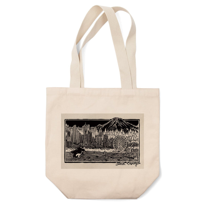 Seattle, Washington, Skyline, Scratchboard, Black and White, Tote Bag Totes Lantern Press 