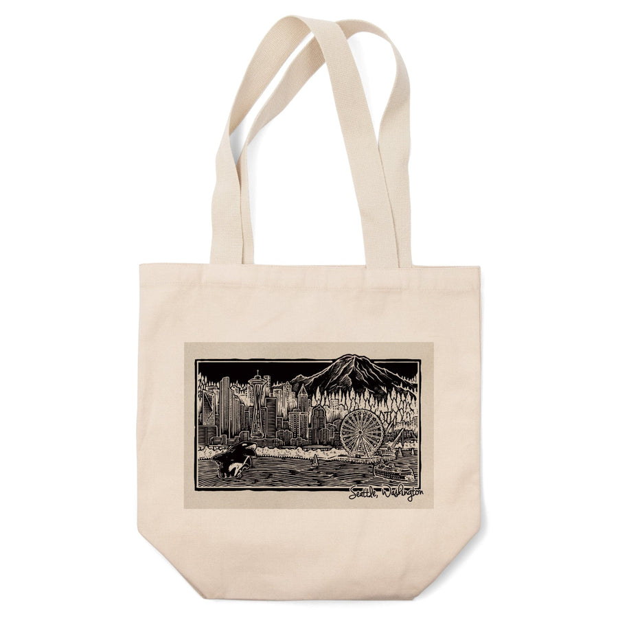 Seattle, Washington, Skyline, Scratchboard, Black and White, Tote Bag Totes Lantern Press 