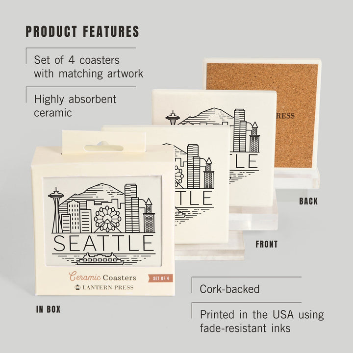 Seattle, Washington, Skyline, Simple Lines,, Coasters Coasters Lantern Press 