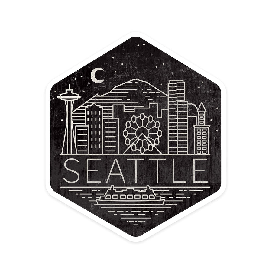 Seattle, Washington, Skyline, Simple Lines, Contour, Night Sky, Lantern Press Artwork, Vinyl Sticker Sticker Lantern Press 