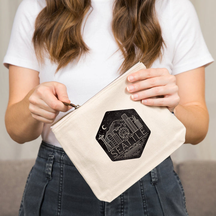 Seattle, Washington, Skyline, Simple Lines, , Night Sky, Organic Cotton Zipper Pouch, Go Bag Go Bag Lantern Press 